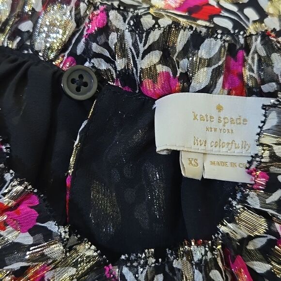 Kate Spade Silk Ruffle Metallic Floral Top Holiday Peplum - Picture 8 of 16